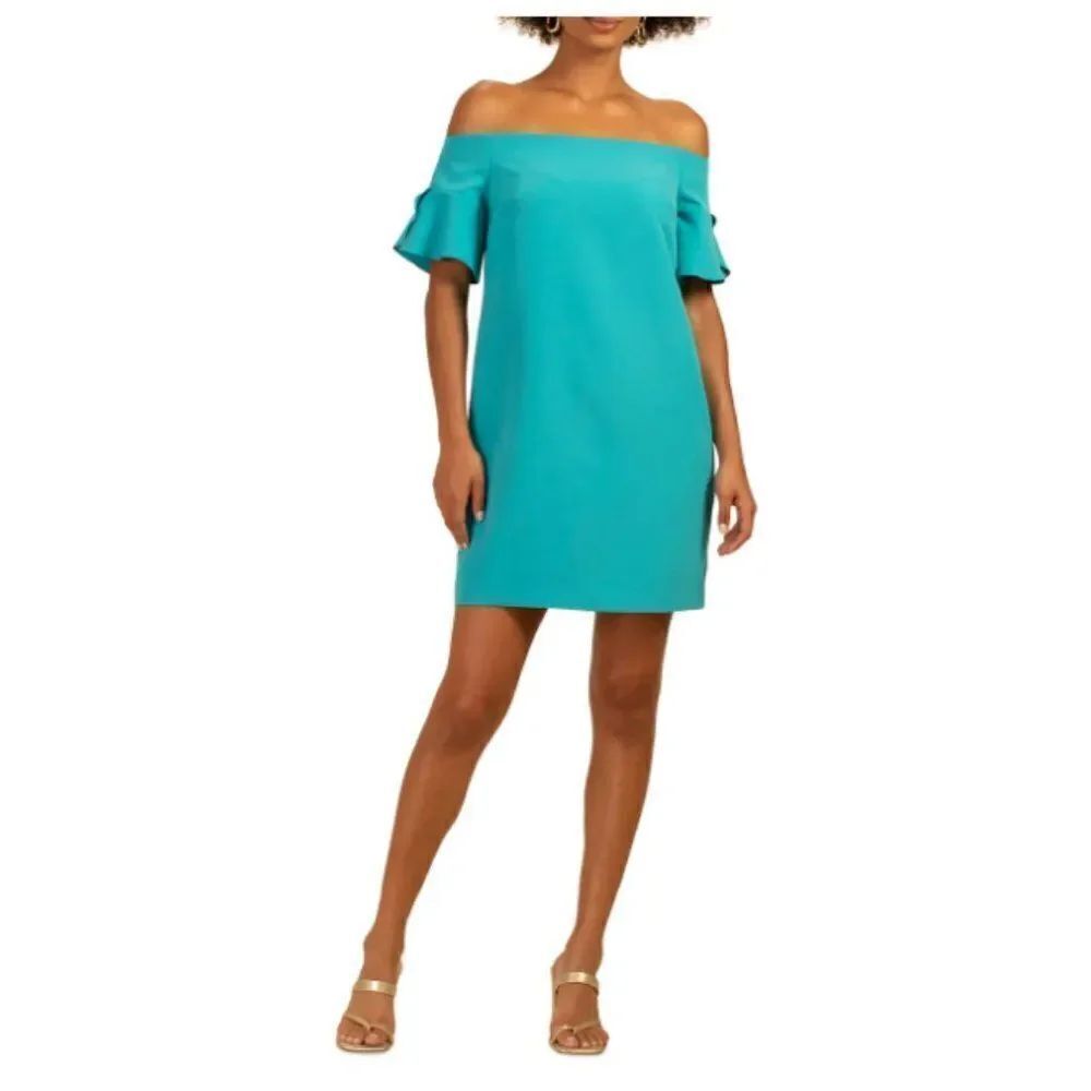 Trina Turk Womens Off-The-Shoulder Dress Sz 8 Aqua Blue Elbow Sleeve NWT